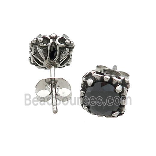 Stainless Steel Stud Earring Pave Rhinestone Antique Silver