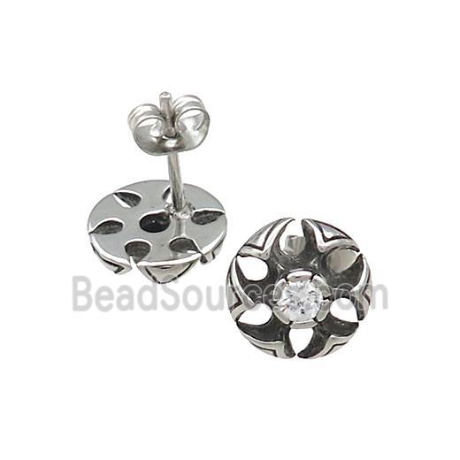 Stainless Steel Stud Earring Pave Rhinestone Antique Silver