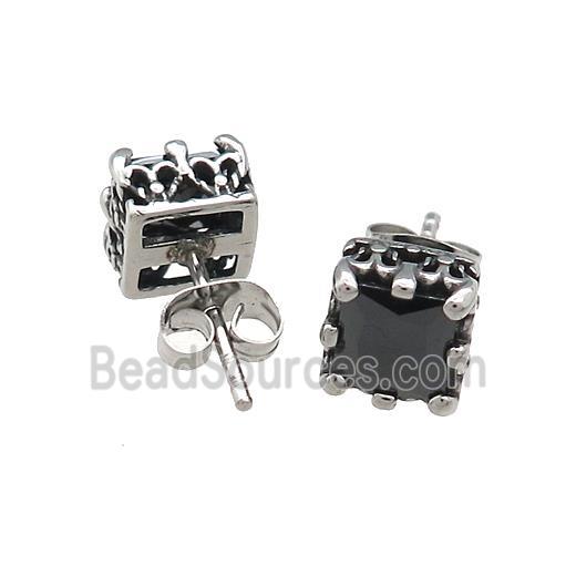 Stainless Steel Stud Earring Pave Rhinestone Antique Silver