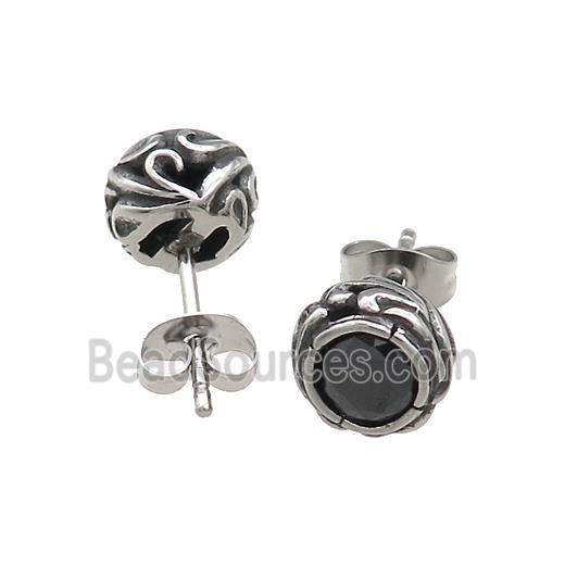 Stainless Steel Stud Earring Pave Rhinestone Antique Silver