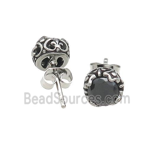 Stainless Steel Stud Earring Pave Rhinestone Antique Silver