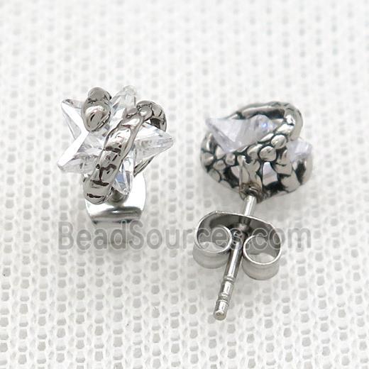 Stainless Steel Stud Earring Pave Rhinestone Snake Antique Silver