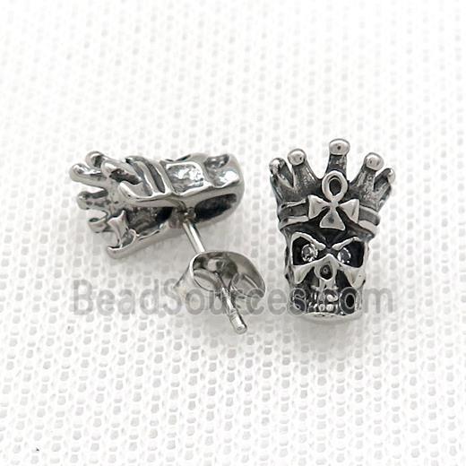 Stainless Steel Stud Earring Pave Rhinestone Skull Antique Silver