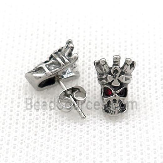 Stainless Steel Stud Earring Pave Red Rhinestone Skull Antique Silver