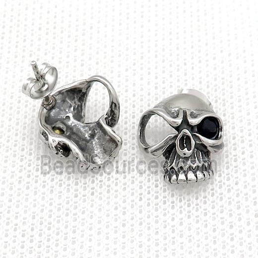 Stainless Steel Stud Earring Pave Rhinestone Skull Antique Silver