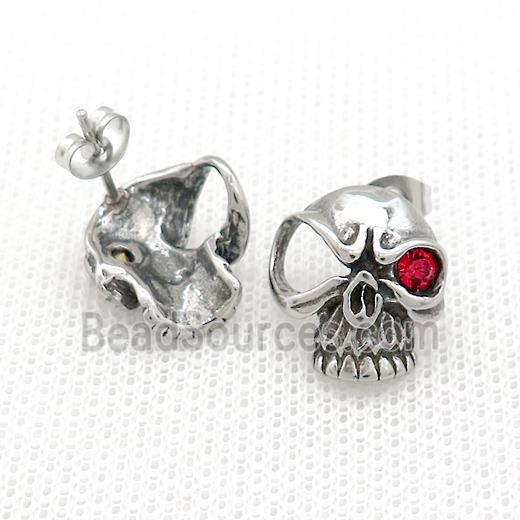 Stainless Steel Stud Earring Pave Rhinestone Skull Antique Silver