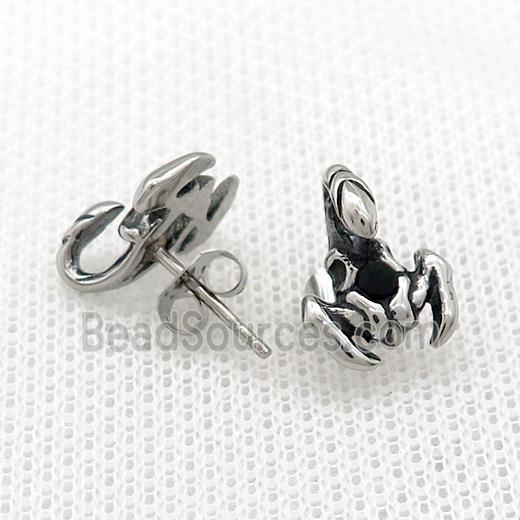 Stainless Steel Stud Earring Pave Rhinestone Scorpion Antique Silver