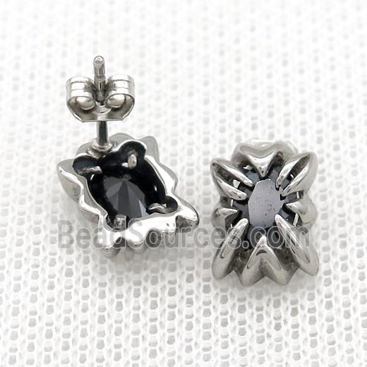 Stainless Steel Stud Earring Pave Rhinestone Antique Silver