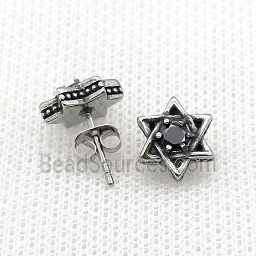 Stainless Steel Stud Earring Pave Rhinestone Star Antique Silver