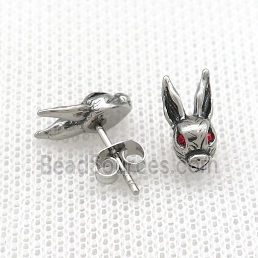 Stainless Steel Stud Earring Pave Red Rhinestone Rabbit Antique Silver