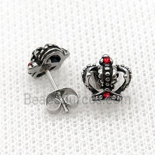 Stainless Steel Stud Earring Pave Red Rhinestone Crown Antique Silver