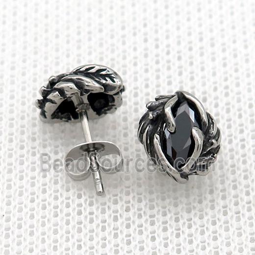 Stainless Steel Stud Earring Pave Rhinestone Antique Silver