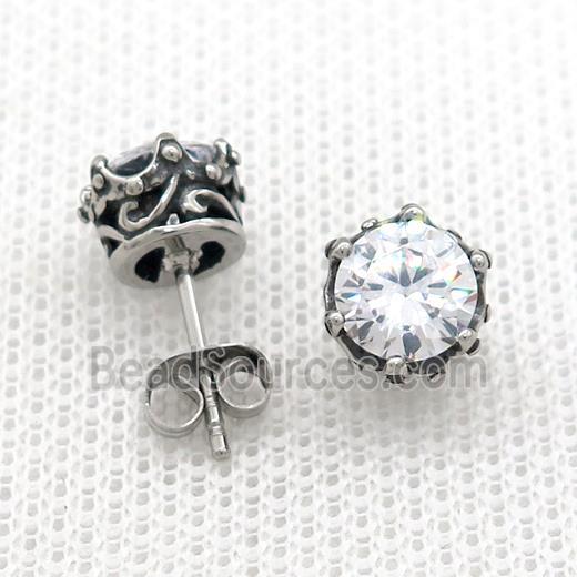 Stainless Steel Stud Earring Pave Rhinestone Antique Silver