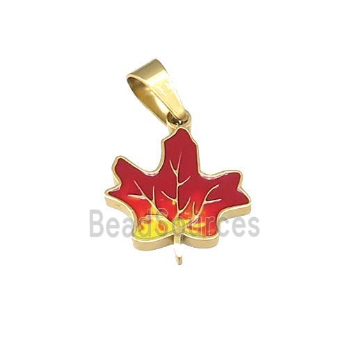 Stainless Steel Maple Pendant Red Enamel Gold Plated