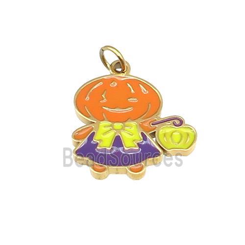 Halloween Pumpkin Doll Charms Stainless Steel Multicolor Enamel Gold Plated