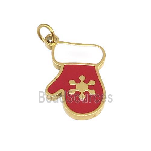 Christmas Mitten Stainless Steel Pendant White Red Enamel Gold Plated