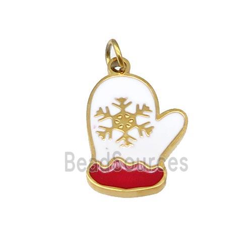 Christmas Mitten Stainless Steel Pendant Snowflake White Red Enamel Gold Plated