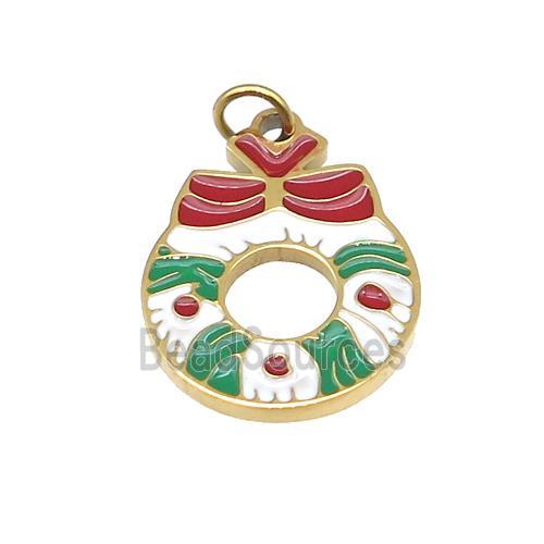 Christmas Wreath Stainless Steel Pendant Multicolor Enamel Gold Plated