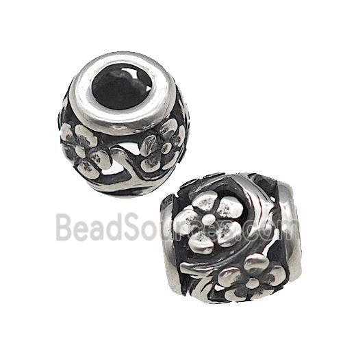 Titanium Steel Barrel Beads Large Hole Flower Hollow Antique Silver