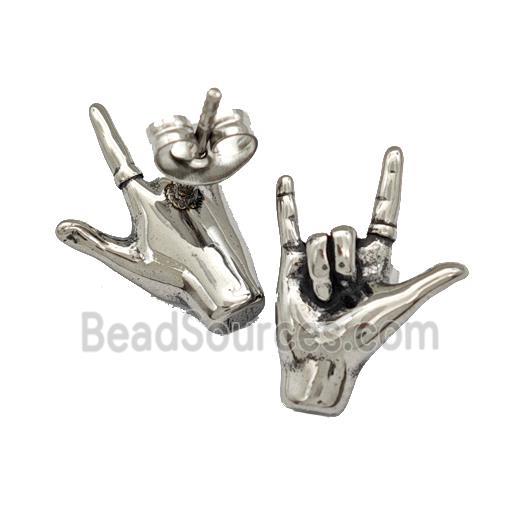 Stainless Steel Stud Earrings I Love You Hand Sign Antique Silver