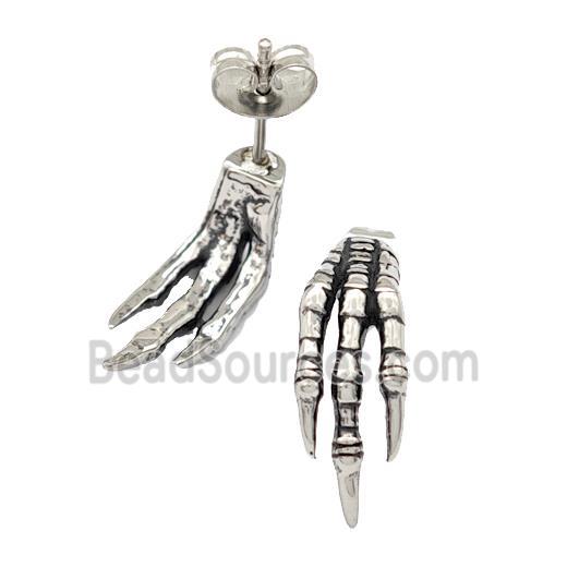 Stainless Steel Stud Earrings Skeleton Hand Antique Silver