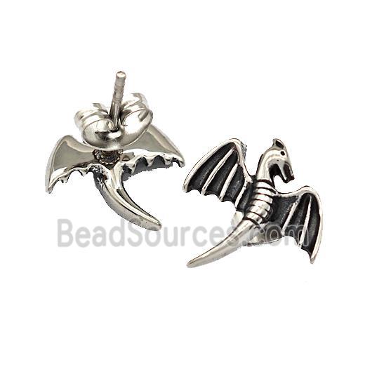 Stainless Steel Stud Earrings Baby Dragon Antique Silver