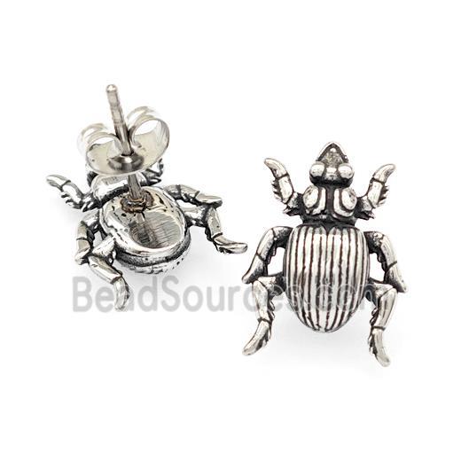 Stainless Steel Beetle Stud Earrings Antique Silver