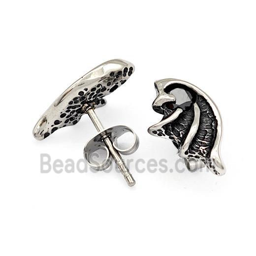 Stainless Steel Wings Stud Earrings Pave Rhinestone Antique Silver