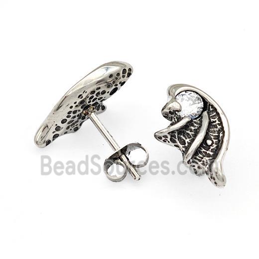 Stainless Steel Wings Stud Earrings Pave Rhinestone Antique Silver