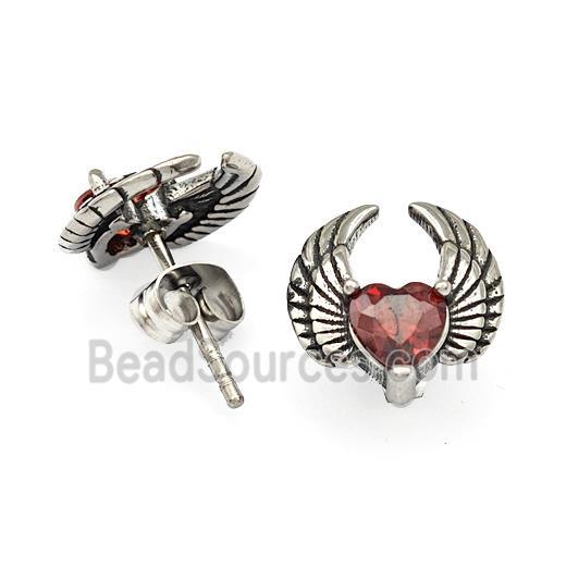 Stainless Steel Angel Wings Stud Earrings Pave Red Rhinestone Antique Silver