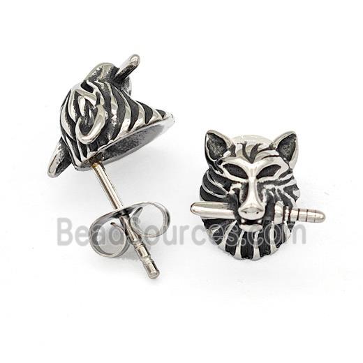 Stainless Steel Wolf Stud Earrings Antique Silver