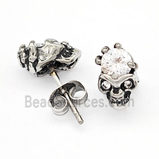 Stainless Steel Skull Stud Earrings Pave Rhinestone Antique Silver