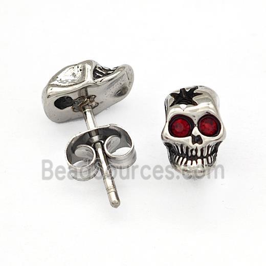 Stainless Steel Skull Stud Earrings Pave Rhinestone Antique Silver