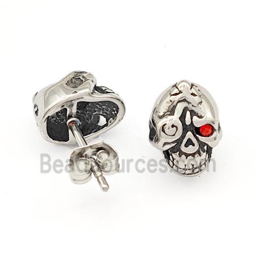 Stainless Steel Skull Stud Earrings Pave Rhinestone Antique Silver