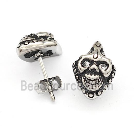 Stainless Steel Skull Stud Earrings Pave Rhinestone Antique Silver