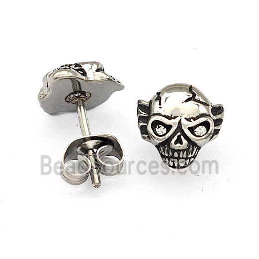 Stainless Steel Skull Stud Earrings Pave Rhinestone Antique Silver