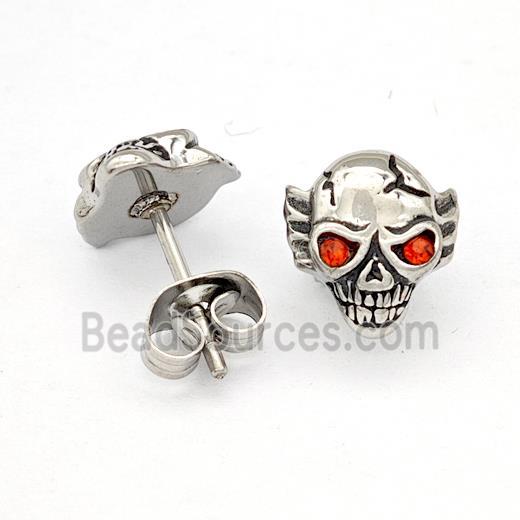 Stainless Steel Skull Stud Earrings Pave Rhinestone Antique Silver