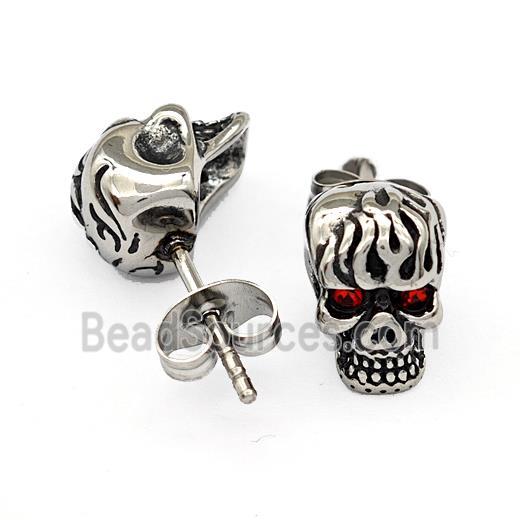 Stainless Steel Skull Stud Earrings Pave Rhinestone Antique Silver