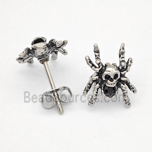 Stainless Steel Spider Stud Earrings Pave Rhinestone Antique Silver