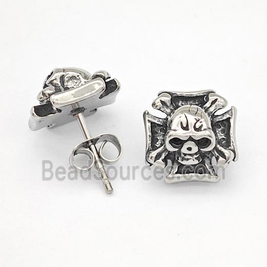 Stainless Steel Skull Stud Earrings Antique Silver