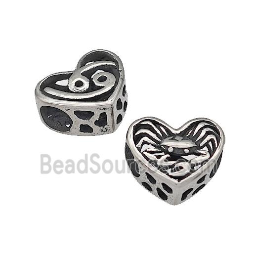 316 Stainless Steel Heart Beads Zodiac Cancer Large Hole Hollow Antique Silver