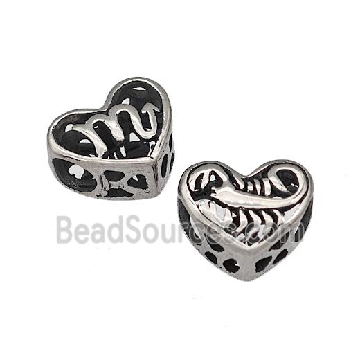 316 Stainless Steel Heart Beads Zodiac Scorpio Large Hole Hollow Antique Silver