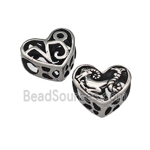 316 Stainless Steel Heart Beads Zodiac Capricorn Large Hole Hollow Antique Silver