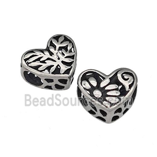 316 Stainless Steel Heart Beads Flower Hollow Large Hole Antique Silver