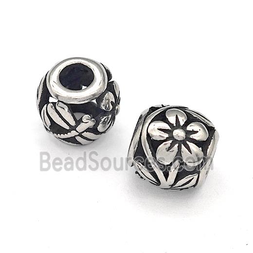 316 Stainless Steel Round Beads Flower Hollow Large Hole Antique silver