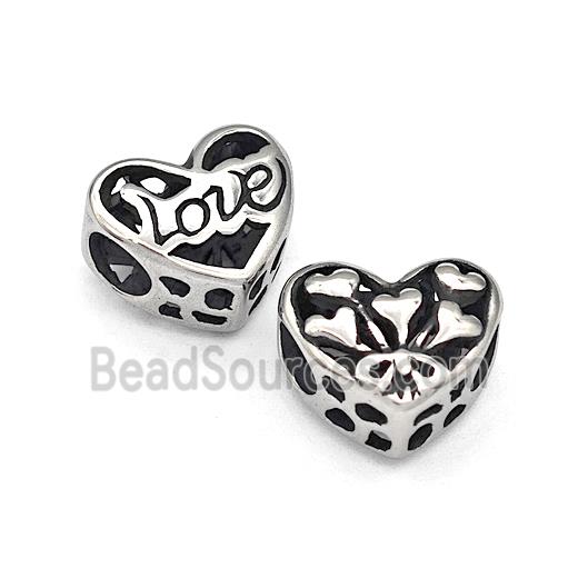 316 Stainless Steel Heart Beads LOVE Hollow Large Hole Antique Silver