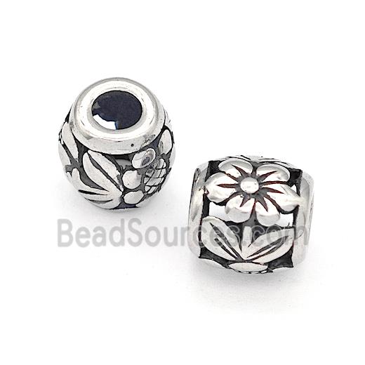 316 Stainless Steel Barrel Beads Flower Hollow Large Hole Antique silver