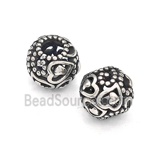 316 Stainless Steel Round Beads Heart Hollow Large Hole Antique Silver