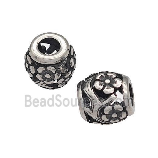 316 Stainless Steel Barrel Beads Flower Hollow Large Hole Antique silver