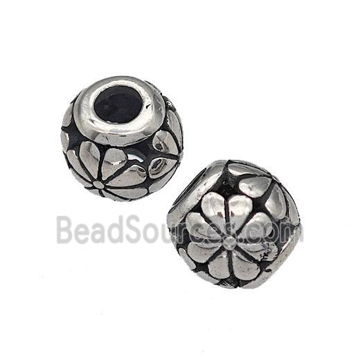 316 Stainless Steel Round Beads Flower Hollow Large Hole Antique silver